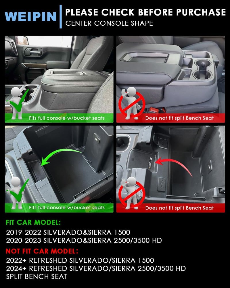 WEIPIN Silverado Sierra Center Console Organizer - Compatible with 2019-2022 Chevy Silverado/GMC Sierra 1500 and 2020-2023 Silverado/Sierra 2500HD 3500HD Armrest - (Full Console w/Bucket Seats ONLY) - Black - Image 2